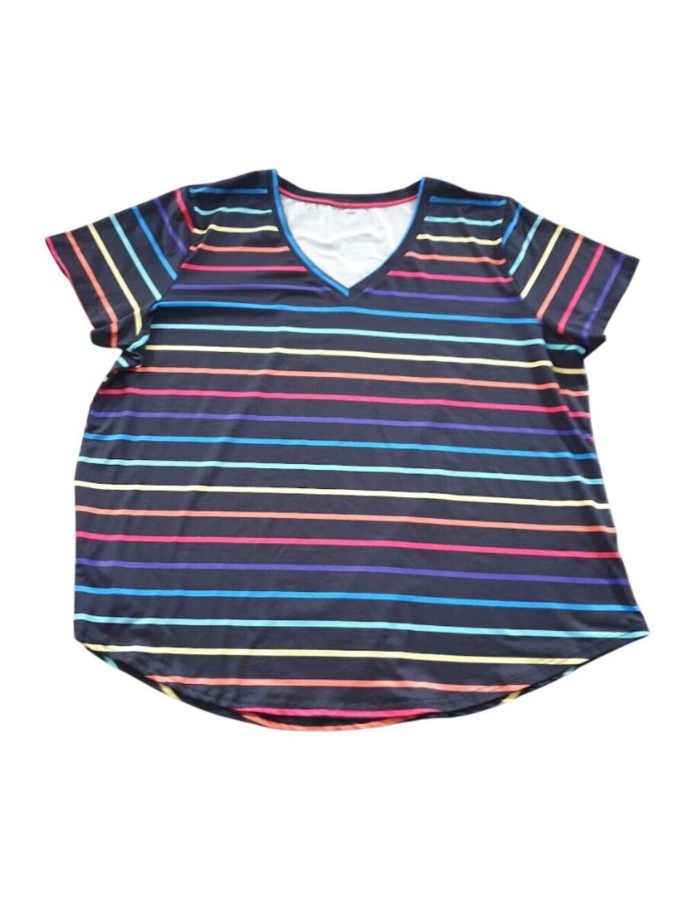 Colorful Striped Short Sleeve V Neck Tee Rainbow Womens Casual Relaxed Fit Top